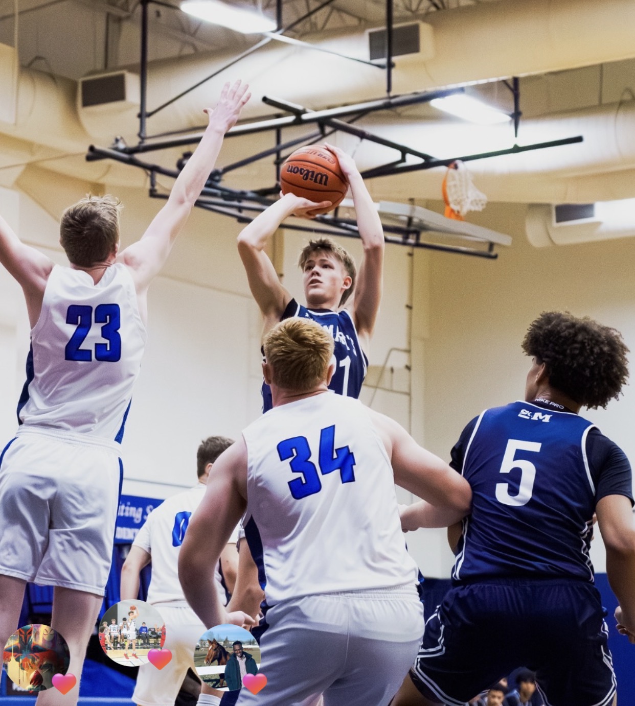 Tai Zimmerman shooting over defenders during a St. Mary's basketball game